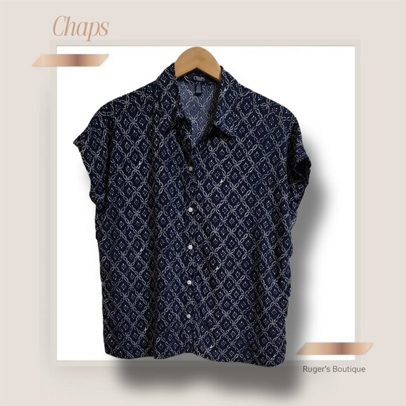 🌿Chaps Women's Small Blue White Print Cap Sleeve Box Style Summer Shirt - Picture 3 of 12